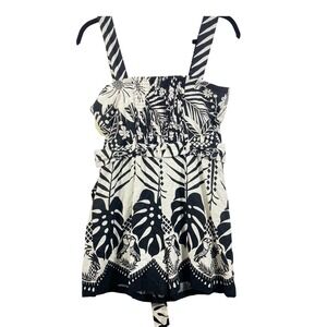 Rachel Zoe Romper Tropical Print Linen Blend Sleeveless Size 4 Black Beige Women